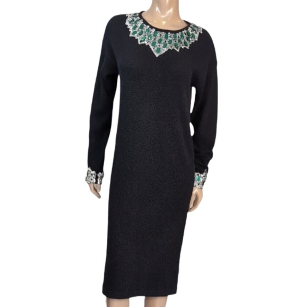 Vintage Outlander Lambswool Angora Rabbit Hair Sweater Dress Embellished Black
